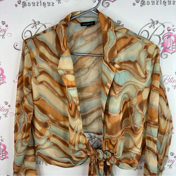 Dynamite blouse tie up swirls ribbon bow front brown Multicolor Tie-Front Blouse - Picture 5 of 11